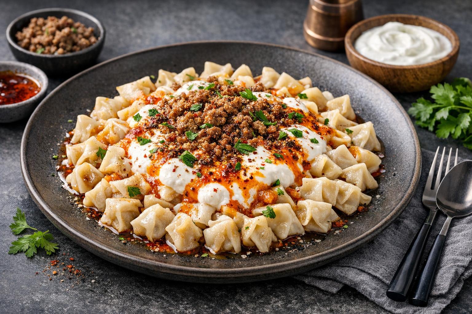 Ankara Style Turkish Dumplings with Yogurt and Spiced Butter