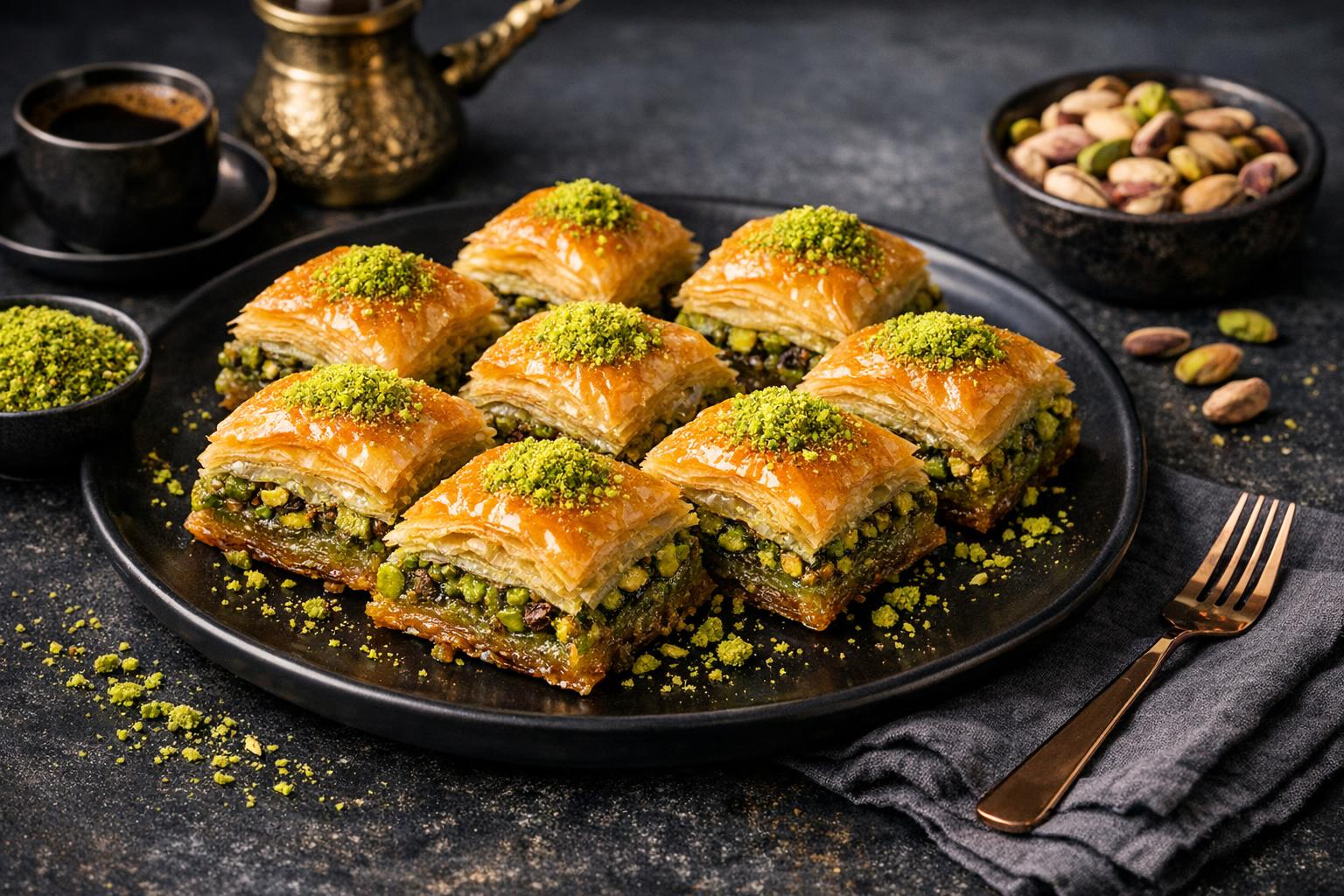 Traditional Antep Baklava with Pistachios and Honey Syrup