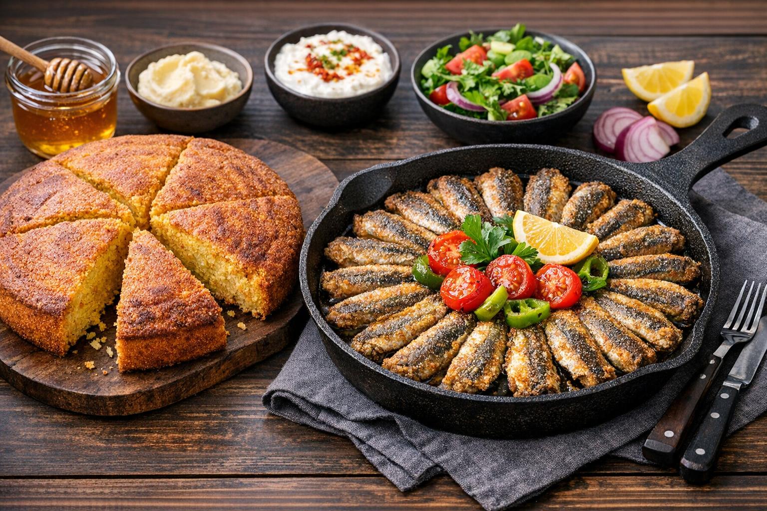 Schwarzmeer Maisbrot mit Fisch aus der Pfanne