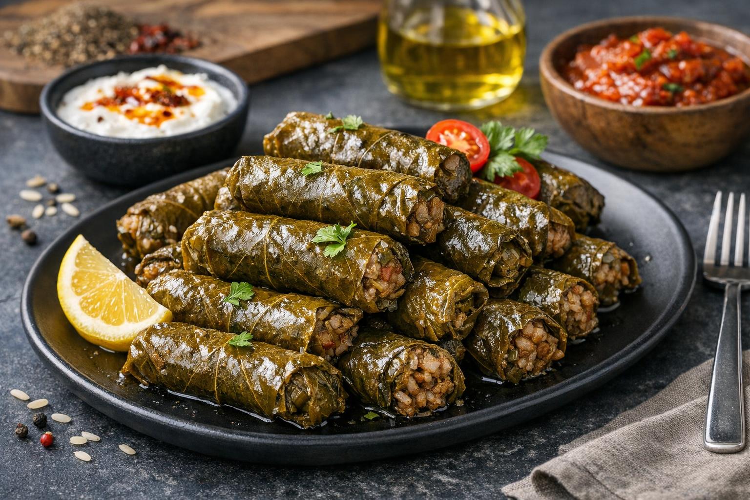 Turkish Stuffed Grape Leaves with Rice and Ground Meat