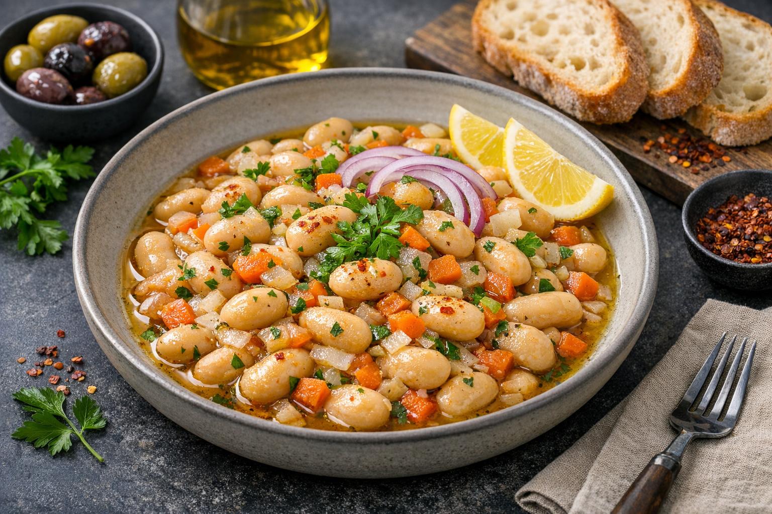 Türkische Fava Pilaki - Gebratene Fava Bohnen mit Olivenöl