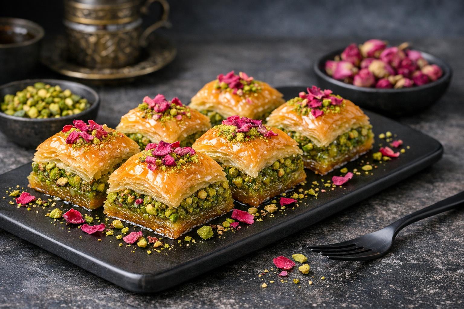Turkish Rose Baklava with Pistachios and Rose Water