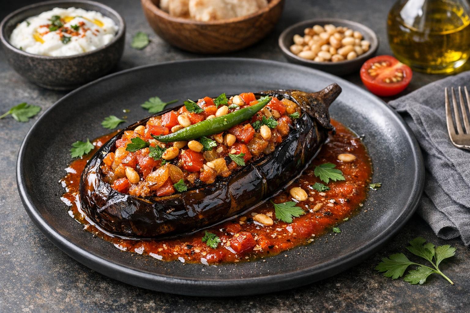 Imam Bayildi - Turkish Stuffed Eggplant with Onions and Tomatoes