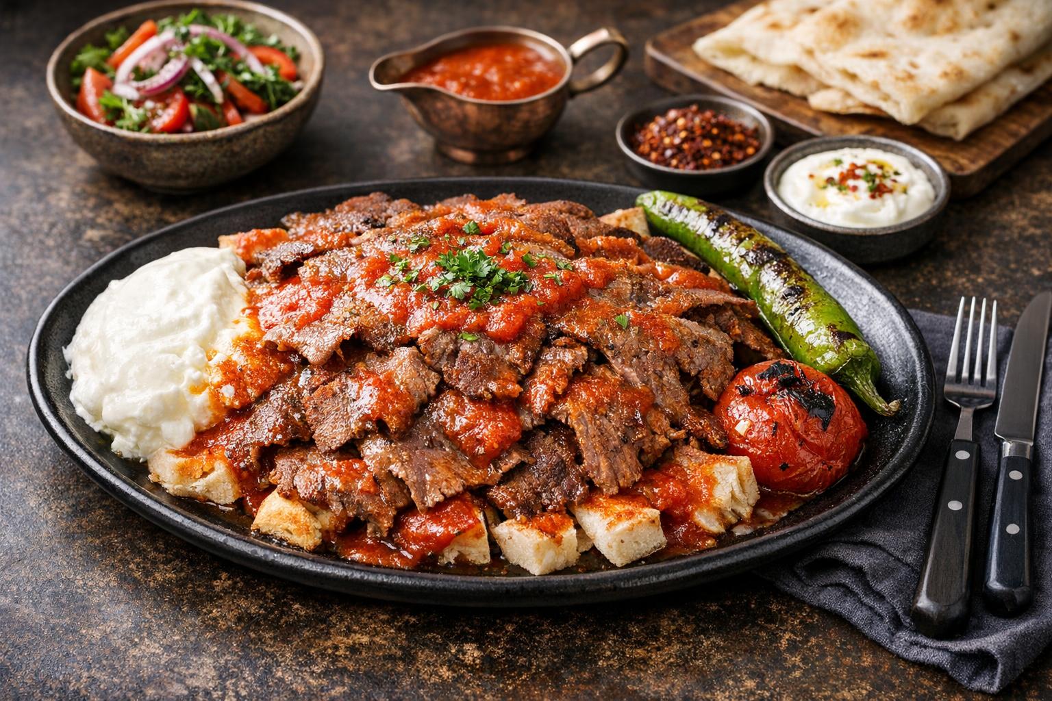 İskender Kebab - Turkish Döner with Tomato Sauce and Yogurt