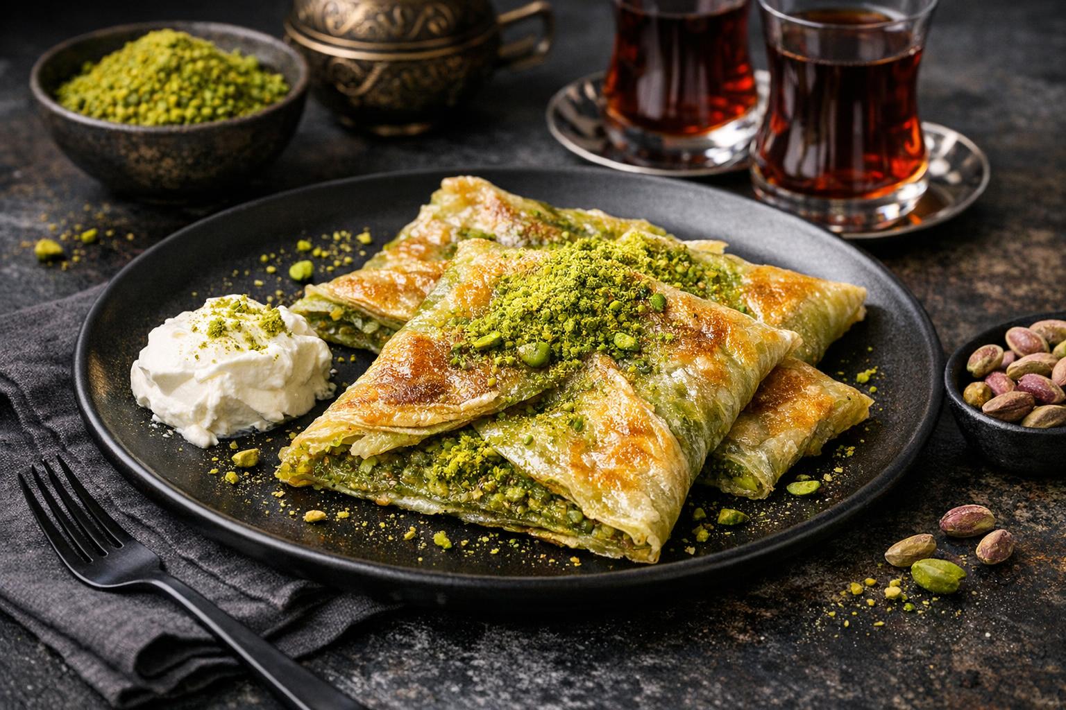 Turkish Flaky Sweet Pastry with Pistachios and Cream