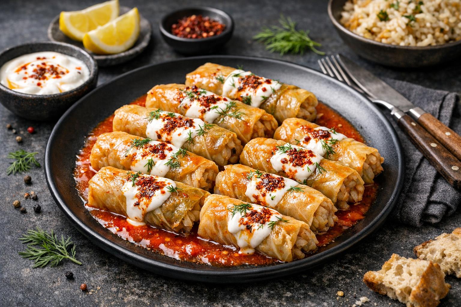 Turkish Stuffed Cabbage Rolls with Rice and Herbs