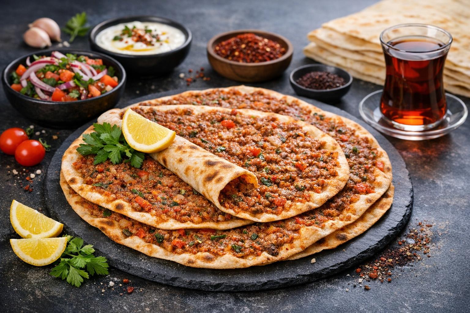Turkish Lahmacun - Crispy Flatbread with Spiced Meat Topping