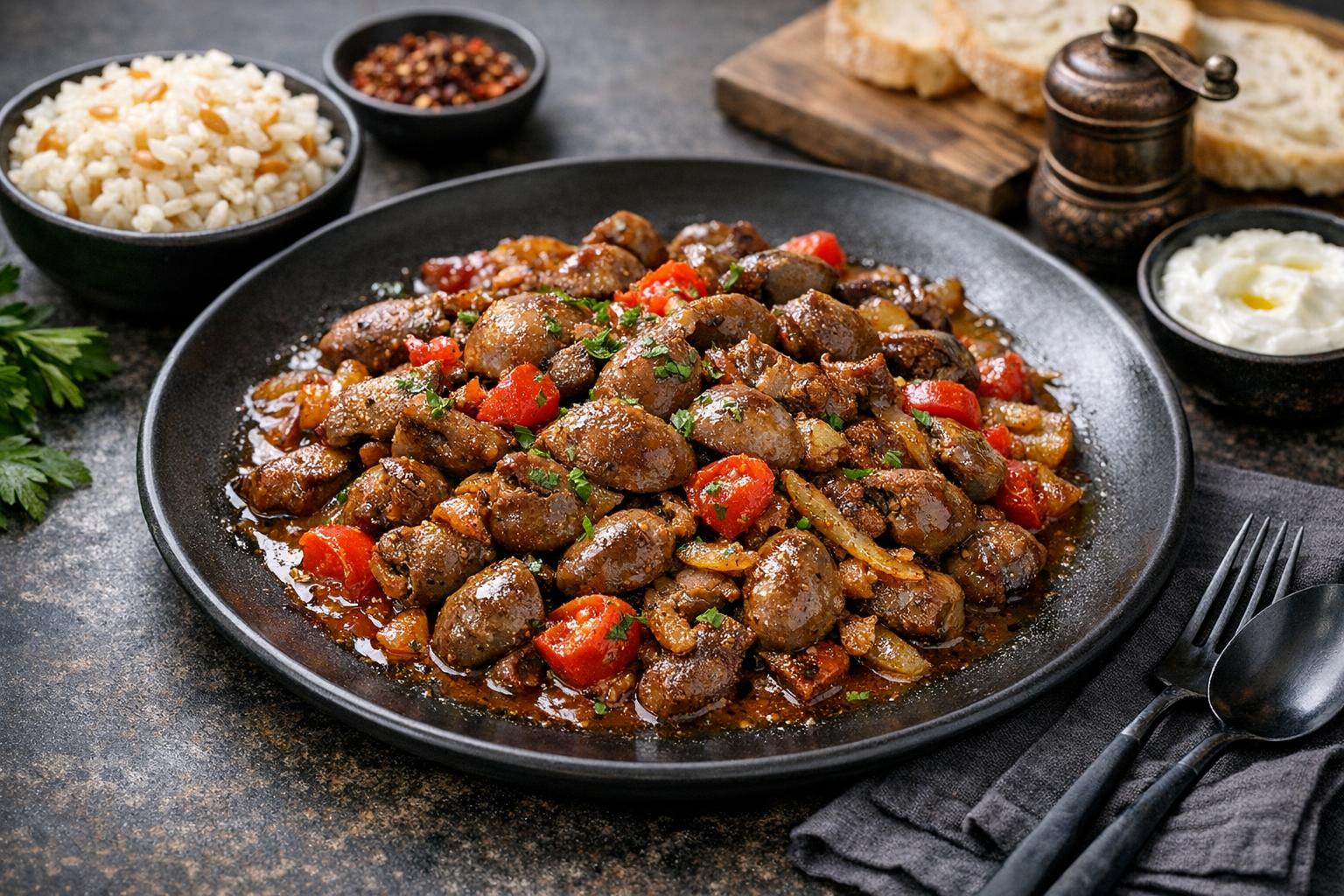 Türkische Lammnieren-Pfanne mit Zwiebeln und Gewürzen