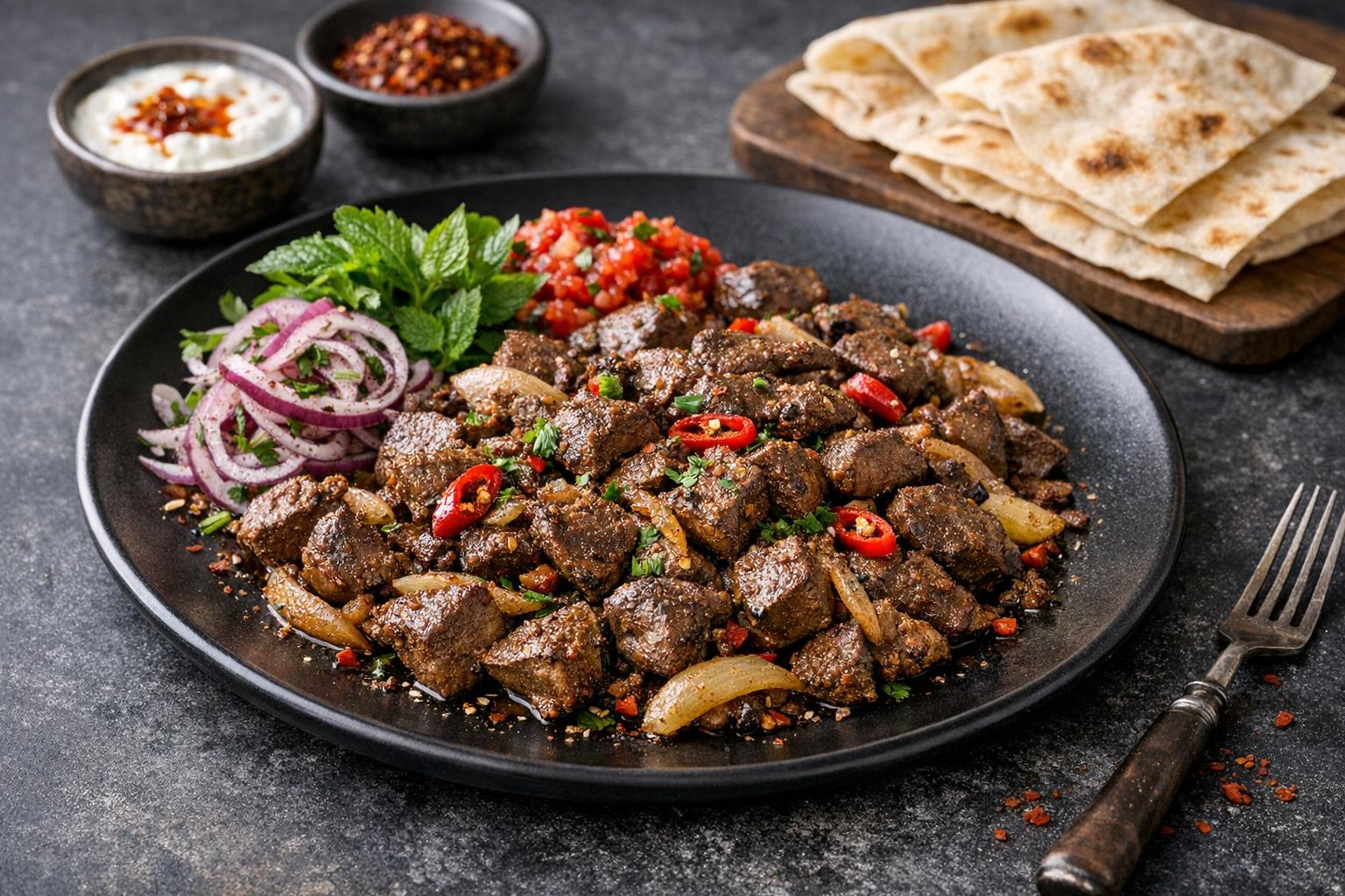 Türkische Lammleberpfanne mit Zwiebeln und Gewürzen