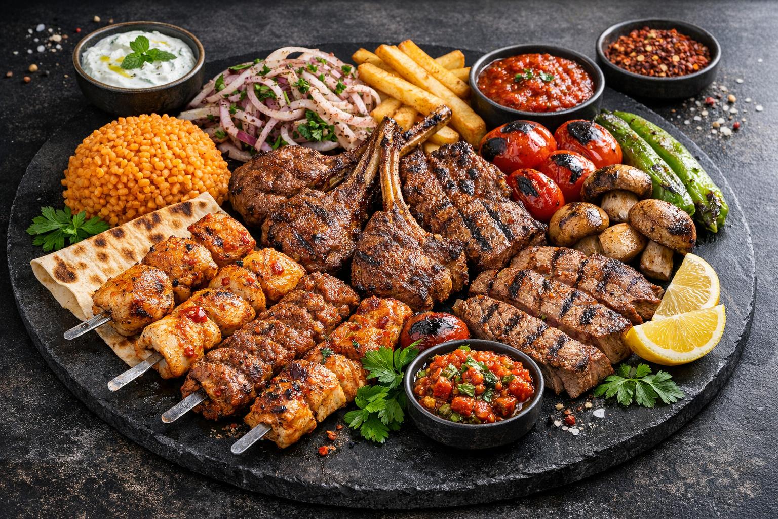 Turkish Mixed Grill with Lamb, Chicken and Beef Skewers