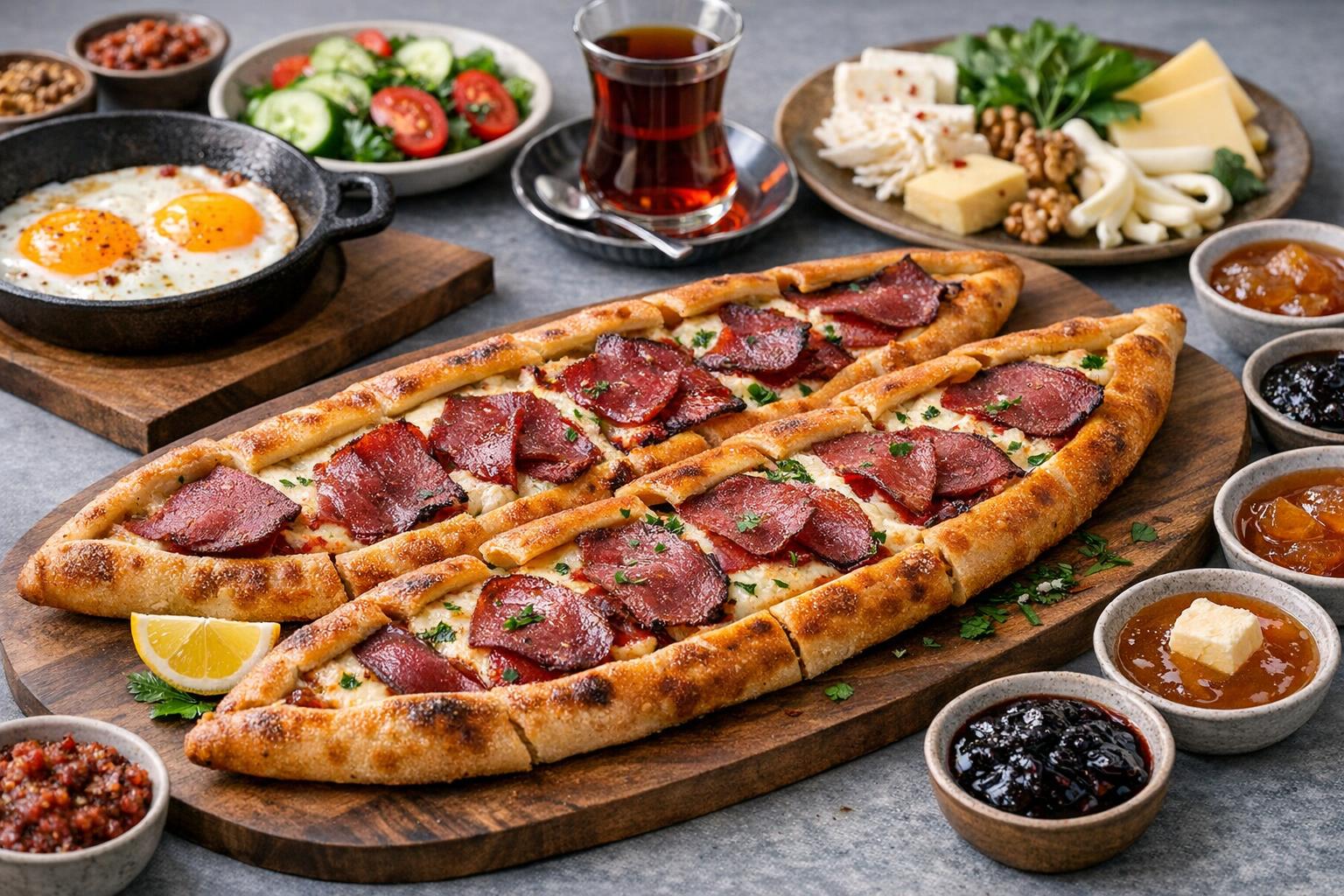 Pastırma-Pide zum Frühstück - Türkisches Fladenbrot mit gewürztem Rindfleisch