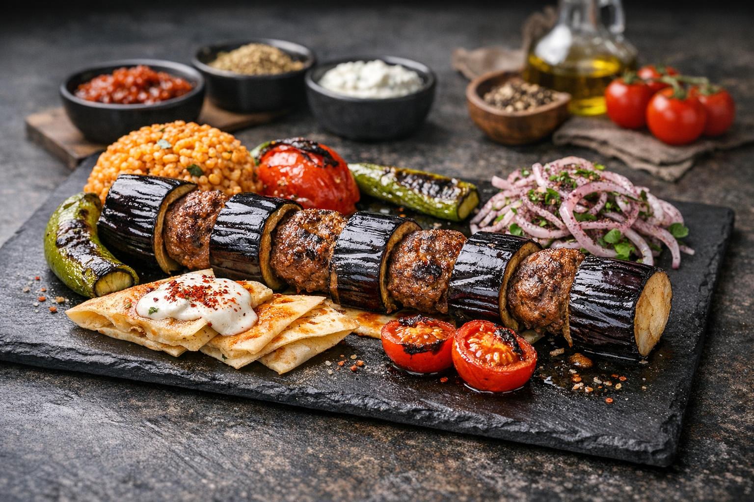 Turkish Eggplant Kebab with Grilled Vegetables