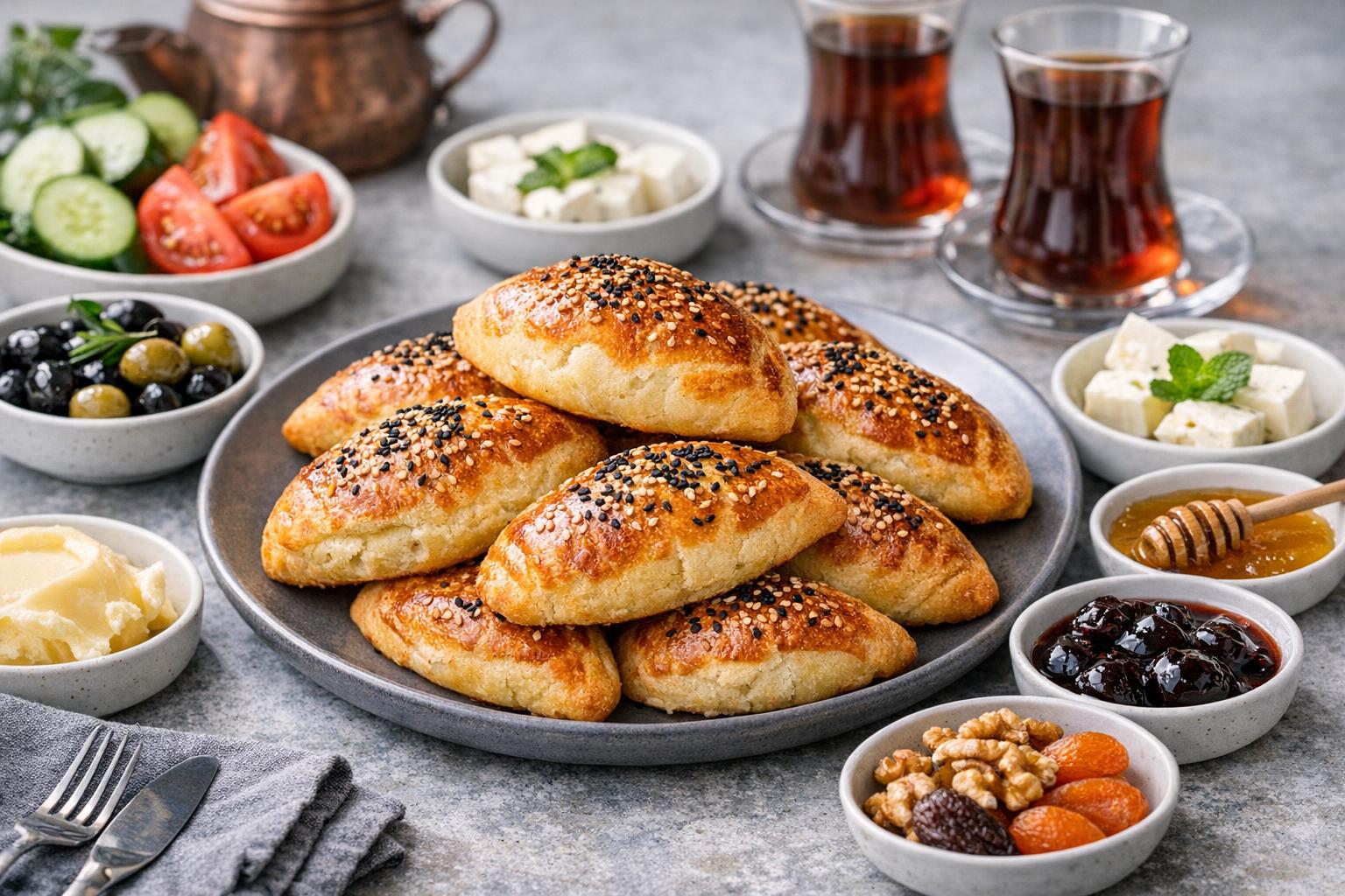 Türkisches Poğaça-Frühstück mit gefüllten Hefebrötchen