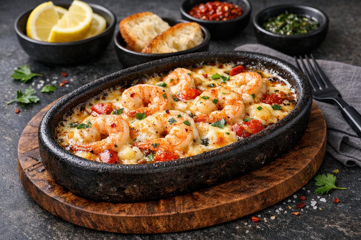 Käse-Garnelen-Auflauf aus dem Tontopf