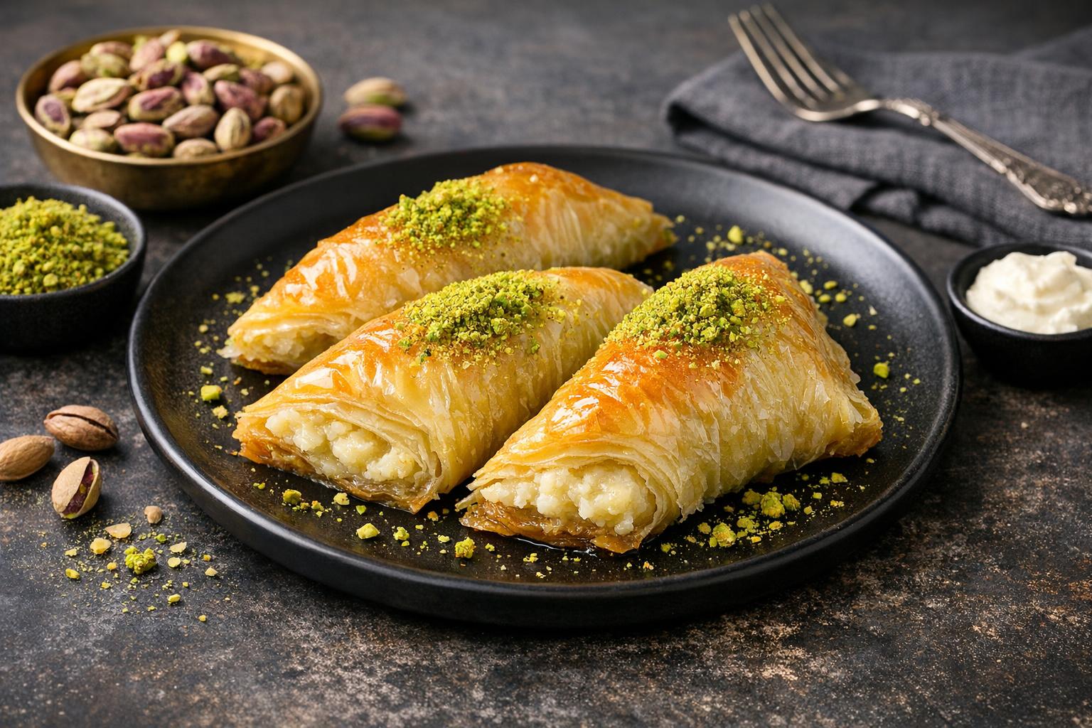 Şöbiyet - Turkish Layered Pastry with Pistachios and Cream