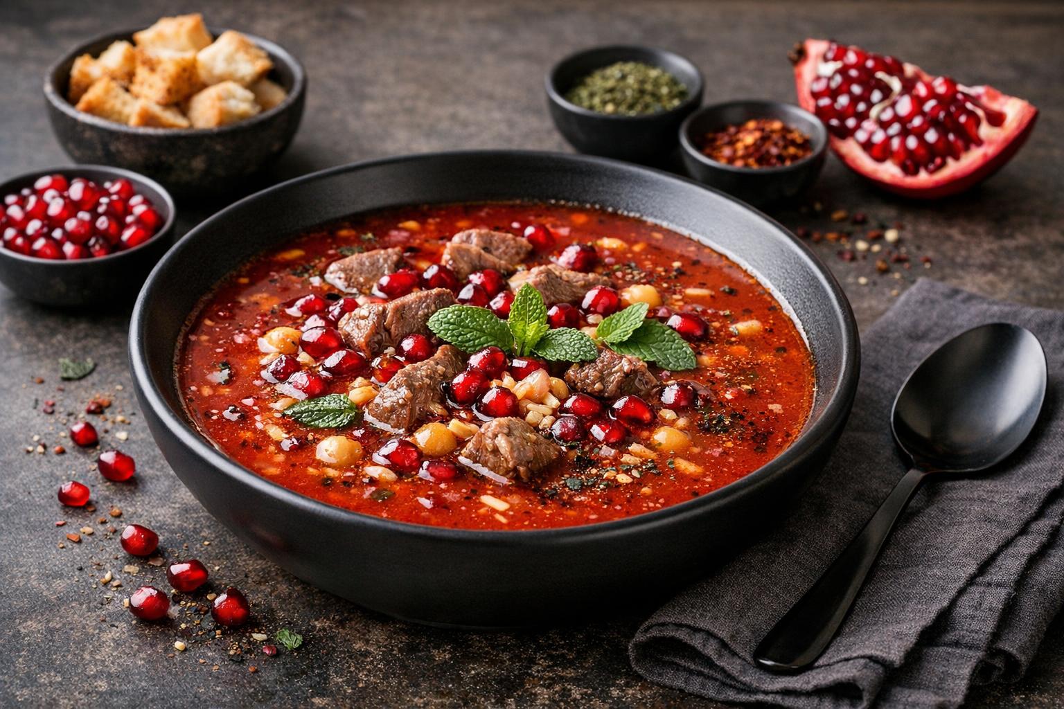 Saure Granatapfelsuppe - Türkische Wintersuppe mit frischen Granatapfelkernen
