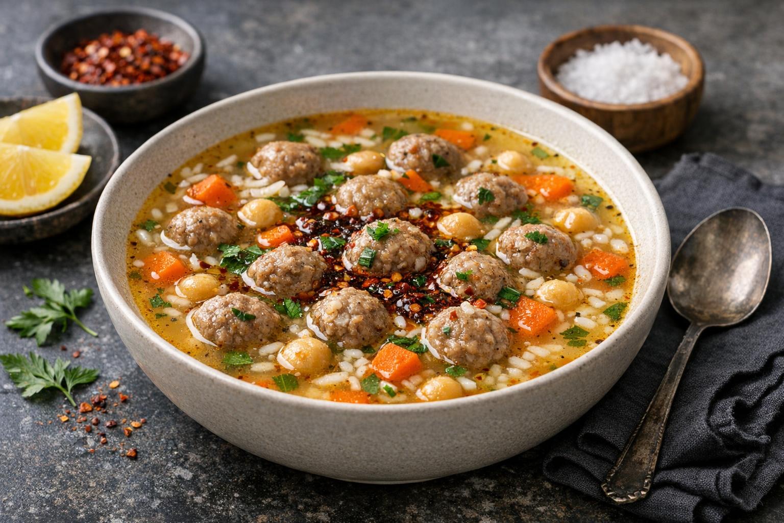 Turkish Sour Soup with Meat and Rice