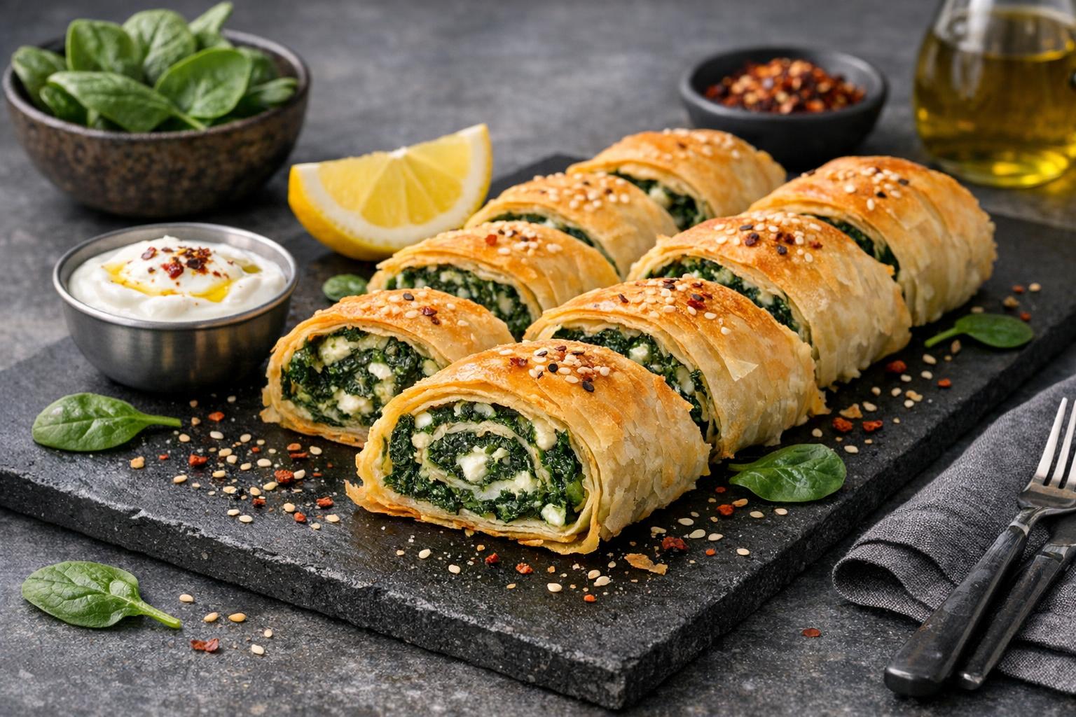 Türkische Spinat-Börek-Rollen - Knusprige Blätterteig-Röllchen mit Spinat