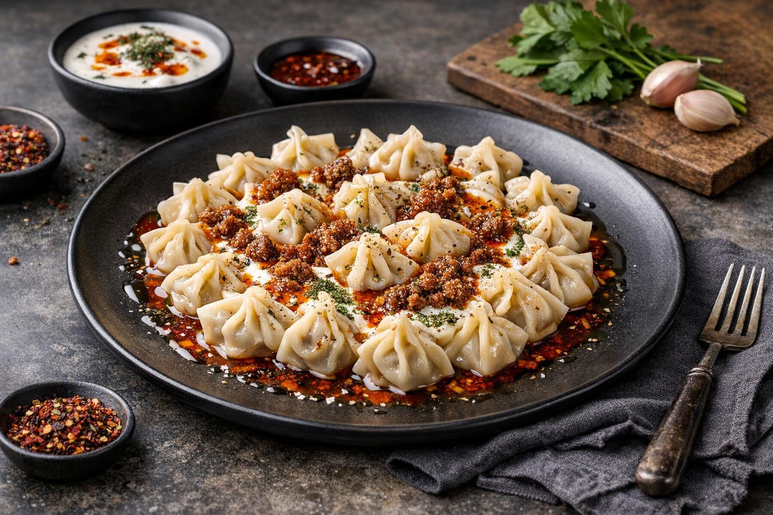 Turkish Water Dumplings in Garlic Yogurt Sauce