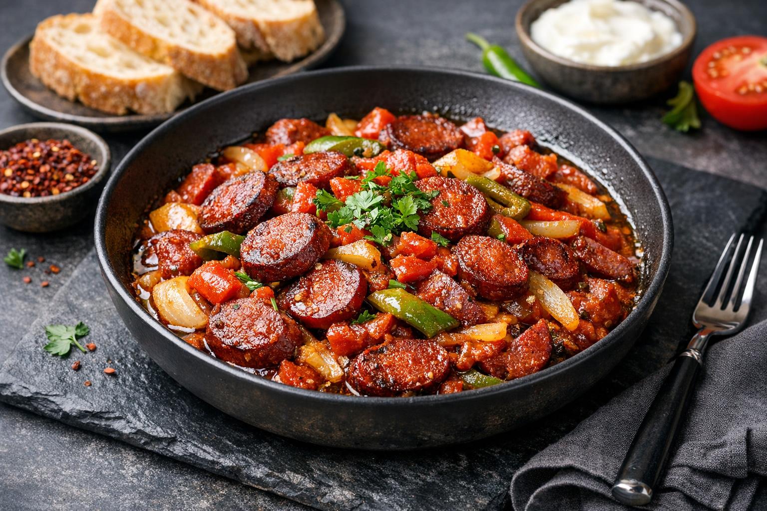 Türkische Sucuk-Pfanne mit Zwiebeln und Tomaten