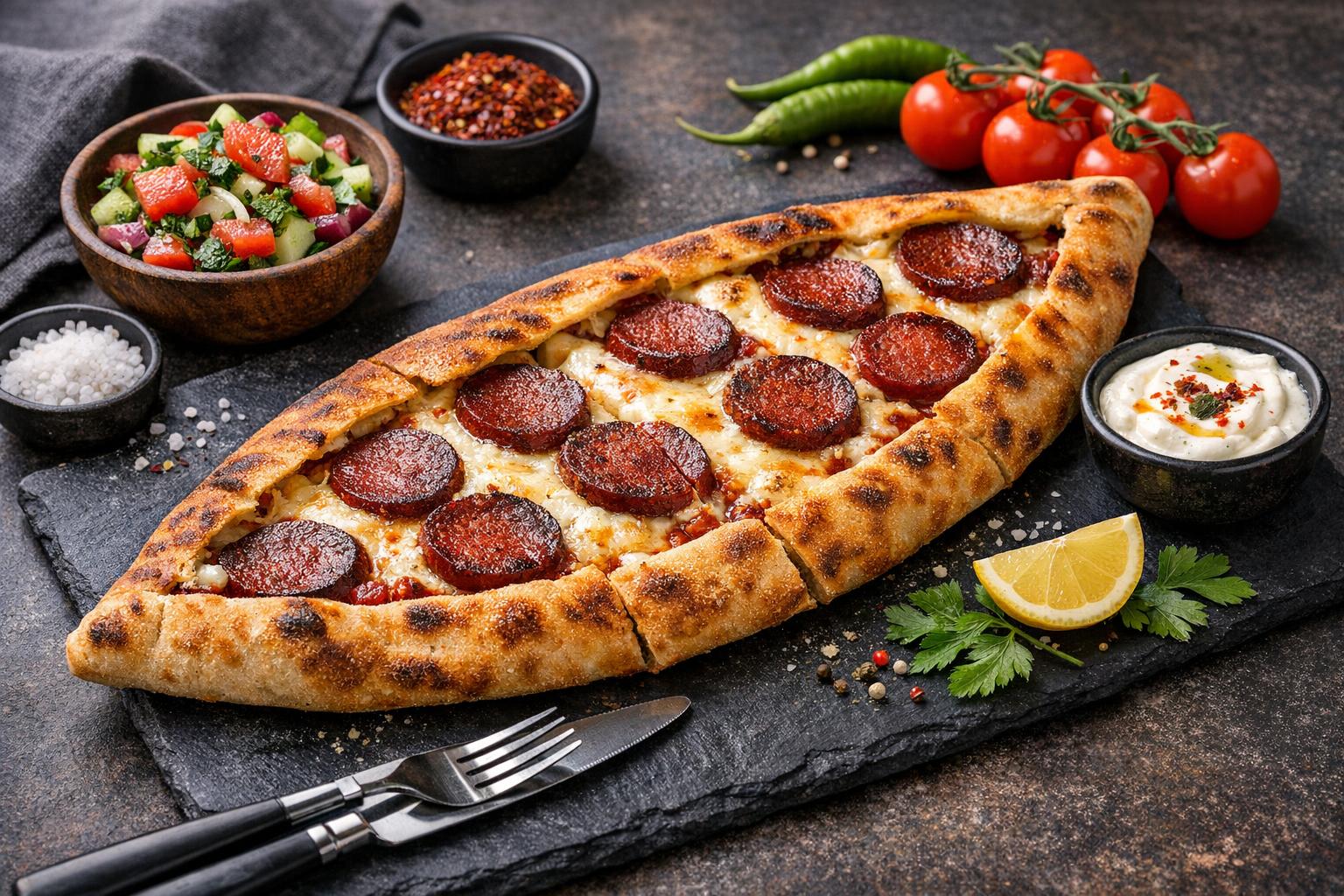 Turkish Sucuklu Pide with Spiced Sausage and Cheese