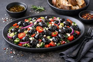 Turkish Black Olive Salad with Fresh Herbs and Vegetables
