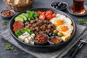 Turkish Kavurma Breakfast Bowl with Eggs and Vegetables