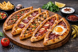 Mixed Turkish Pide with Ground Meat, Vegetables and Cheese