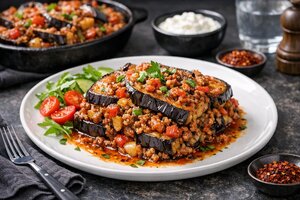 Turkish Eggplant Moussaka with Meat and Béchamel