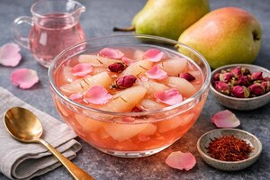 Turkish Poached Pears with Rose Water and Pistachios