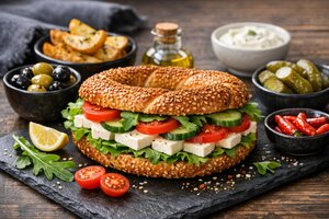 Turkish Simit Sandwich with Cheese and Vegetables