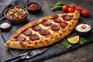 Turkish Sucuklu Pide with Spiced Sausage and Cheese