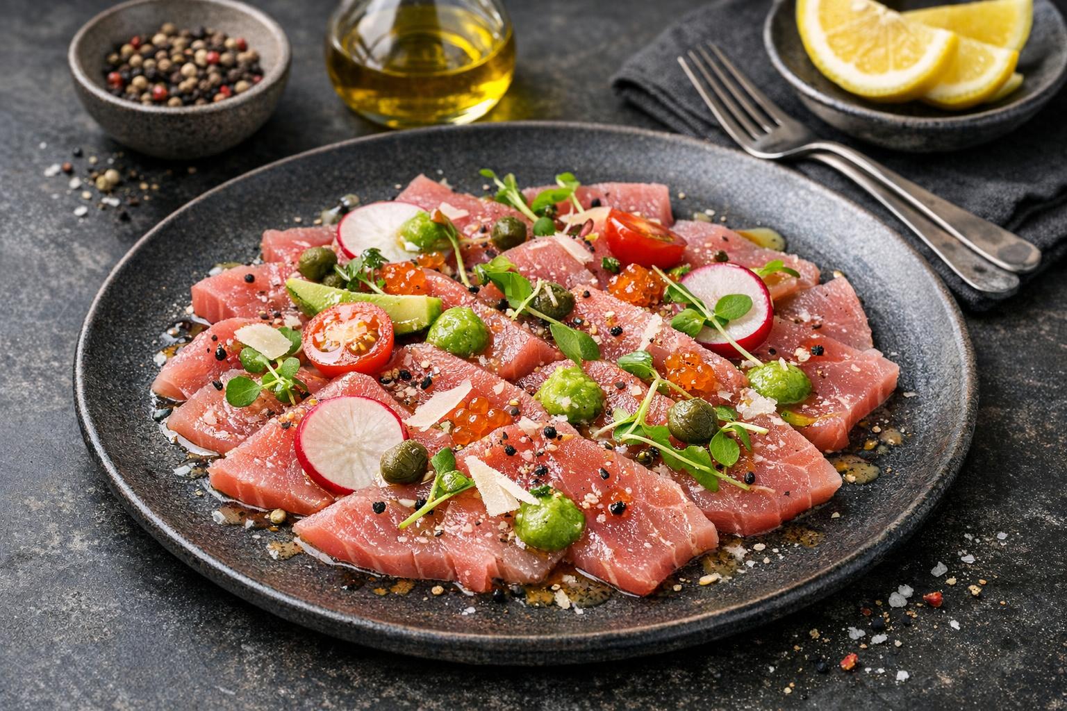 Türkisches Thunfisch-Carpaccio mit Olivenöl und Zitrone