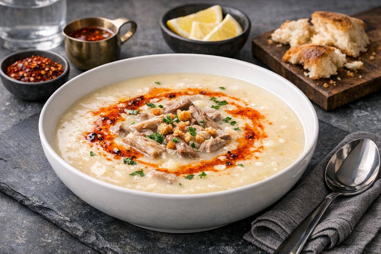 Turkish Wedding Soup with Meatballs and Lemon