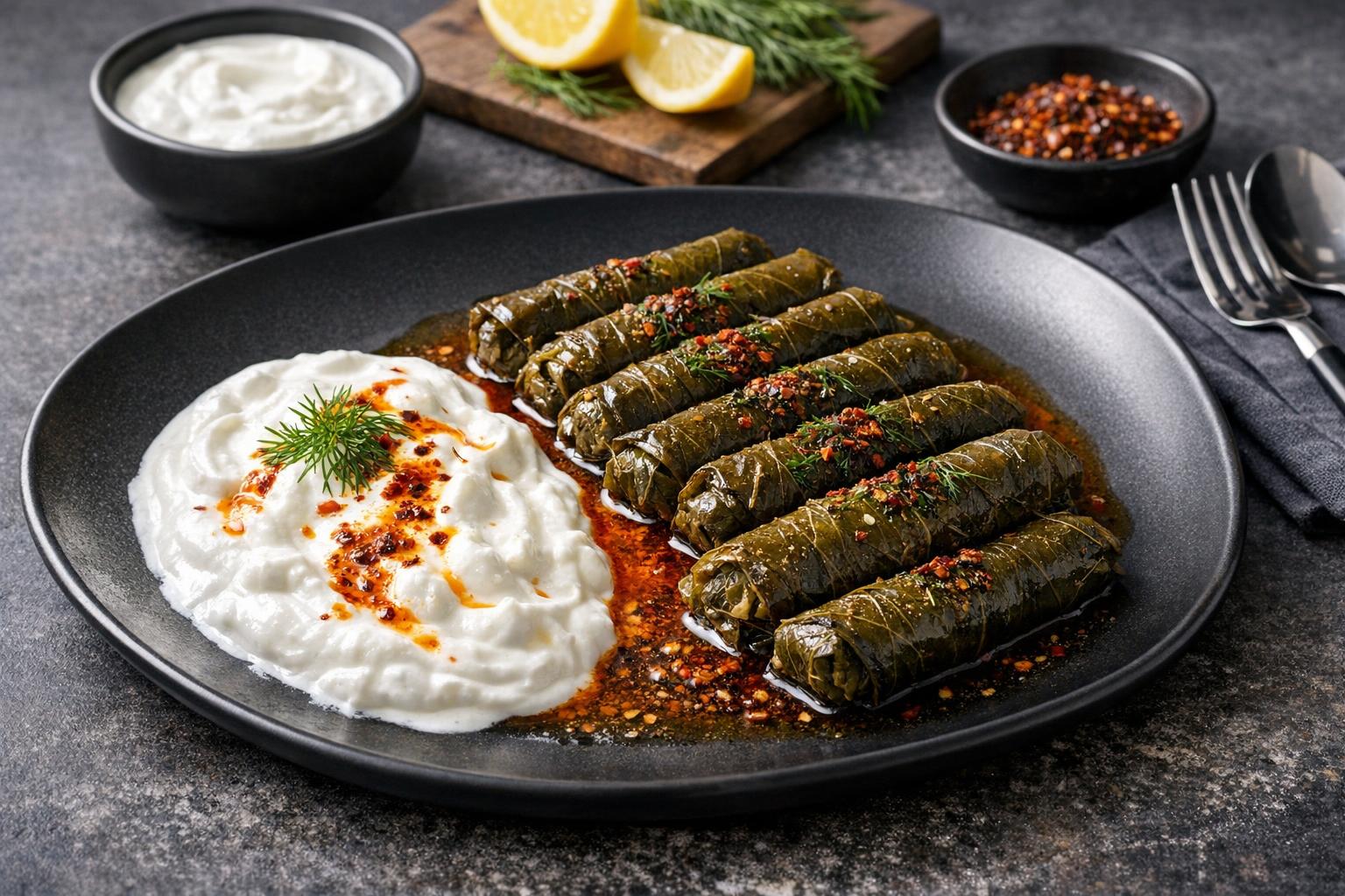 Turkish Stuffed Grape Leaves with Yogurt