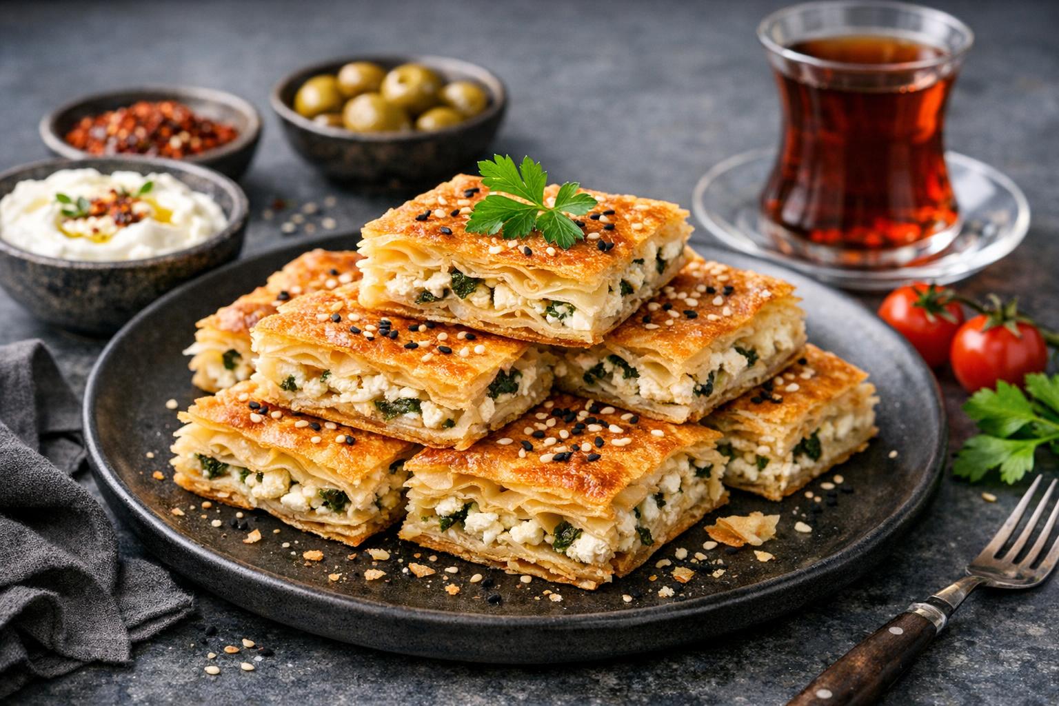 Turkish Layered Yufka Börek with Cheese and Herbs