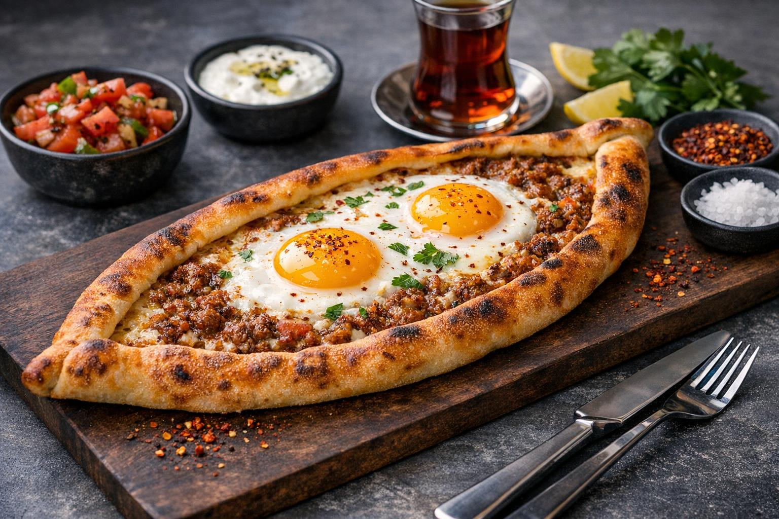 Turkish Egg Pide - Boat-Shaped Flatbread with Baked Eggs